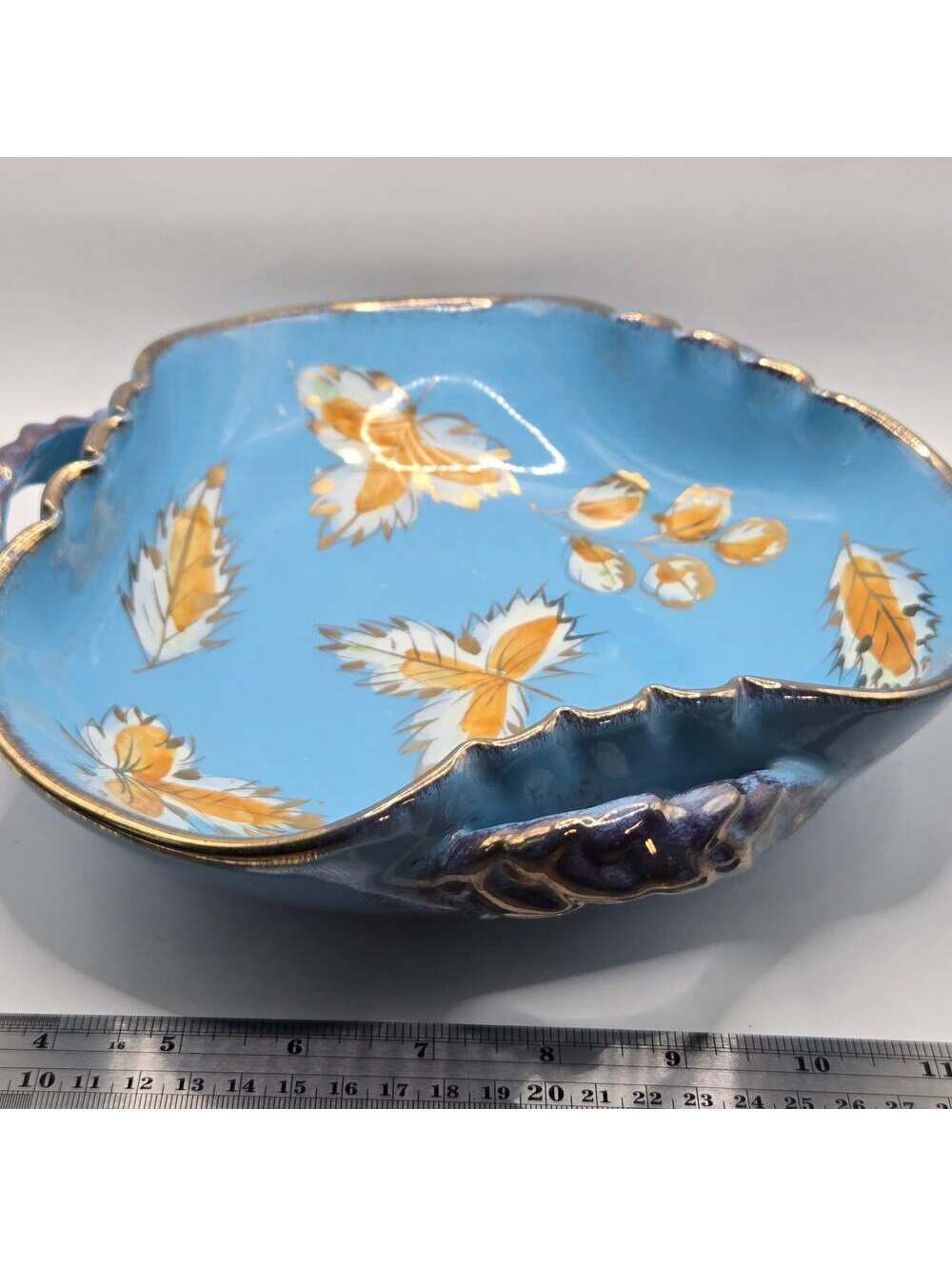 Vintage Hand-Painted Blue and Gold Leaf Ceramic Serving Dish